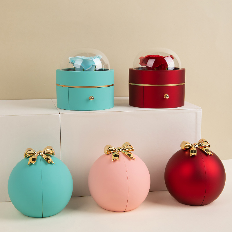 Mayorista flor inmortalidad esférica caja de joyas acrílica regalos de día de San Valentín regalos de flor inmortalidad