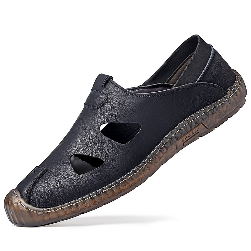 Giày sandal da nam thủ công đan dây, thoáng khí khoét lỗ, kiểu bao đầu — Màu kaki, màu đen