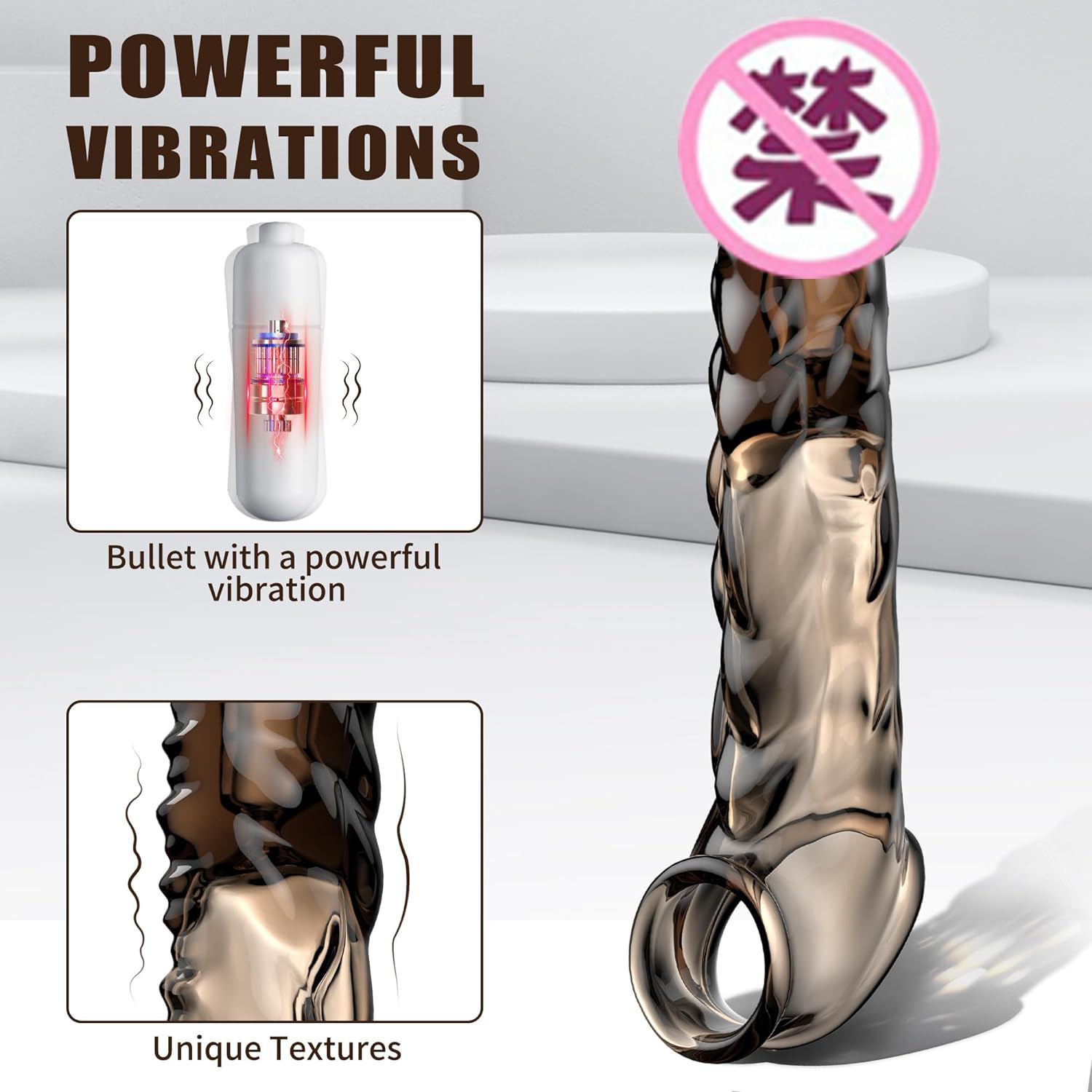 Vibrating Wolf-Tooth Delay Sleeve, Textured Lock-On Penis Extender for Couples — detail image 4