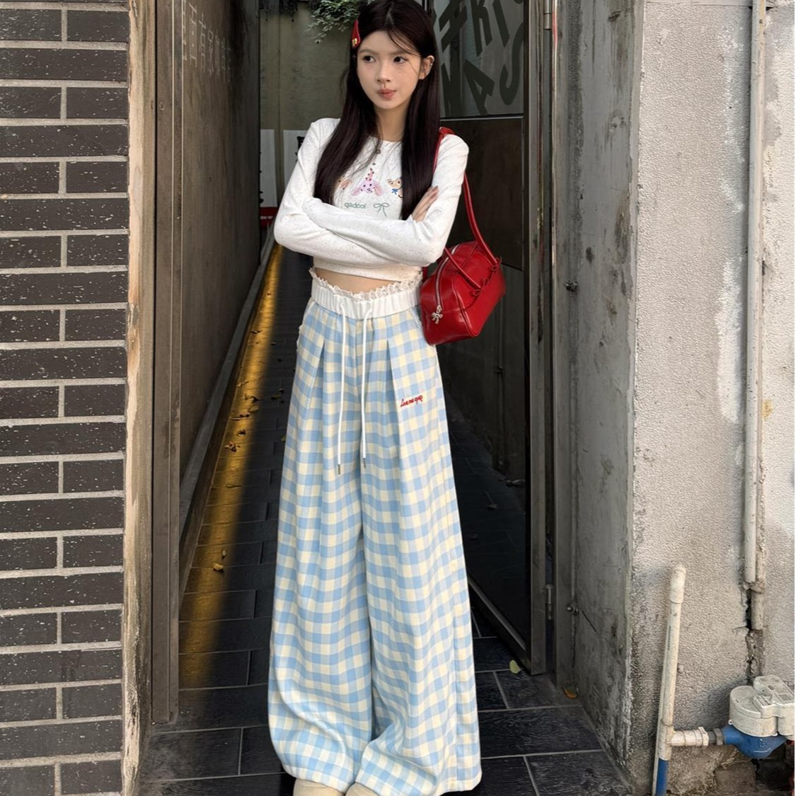 Dopamine Blue Casual Plaid Pants for Women, Thin Style, New Spring/Summer High-Waisted Straight Loose Wide-Leg Floor-Length Trousers