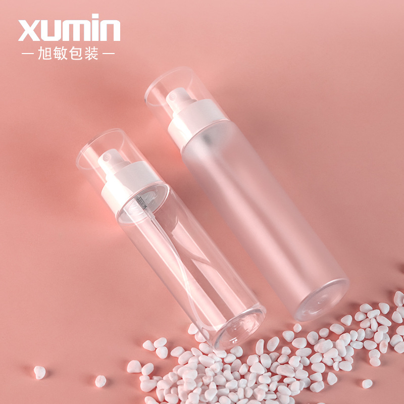 En stock Xumin 120ml blanco cabeza de la bomba botella de la prensa transparente cubierta completa botella de loción 150ml esmerilado botella de spray para mascotas
