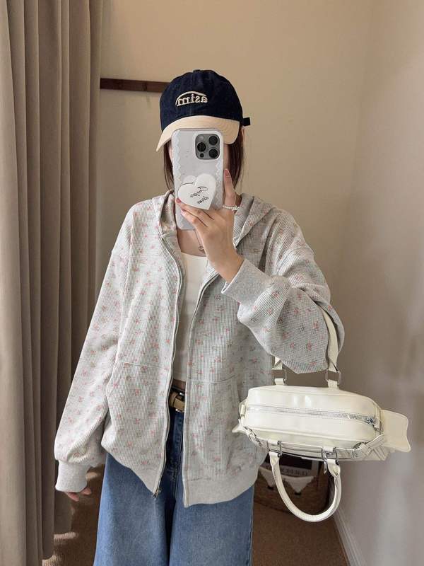 林娜琏同款定制华夫格碎花连帽外套女秋季新款宽松百搭休闲上衣|undefined