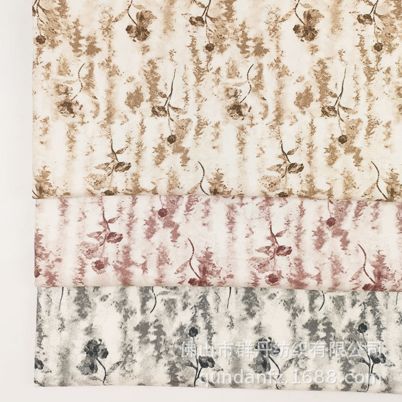 秋冬斜纹绒印花 日韩水墨植物花朵印花 初秋女装连衣裙吊带裙面料