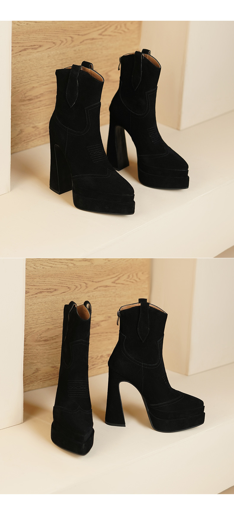 Boot nữ cổ thấp mũi nhọn gót vuông platform 14 cm da thật — Màu đen (lót nhung) chi tiết 4