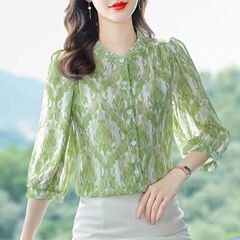 花柄シフォンシャツレディース七分袖2025夏新作ゆったり痩身シャツお腹カバートップス大きいサイズ