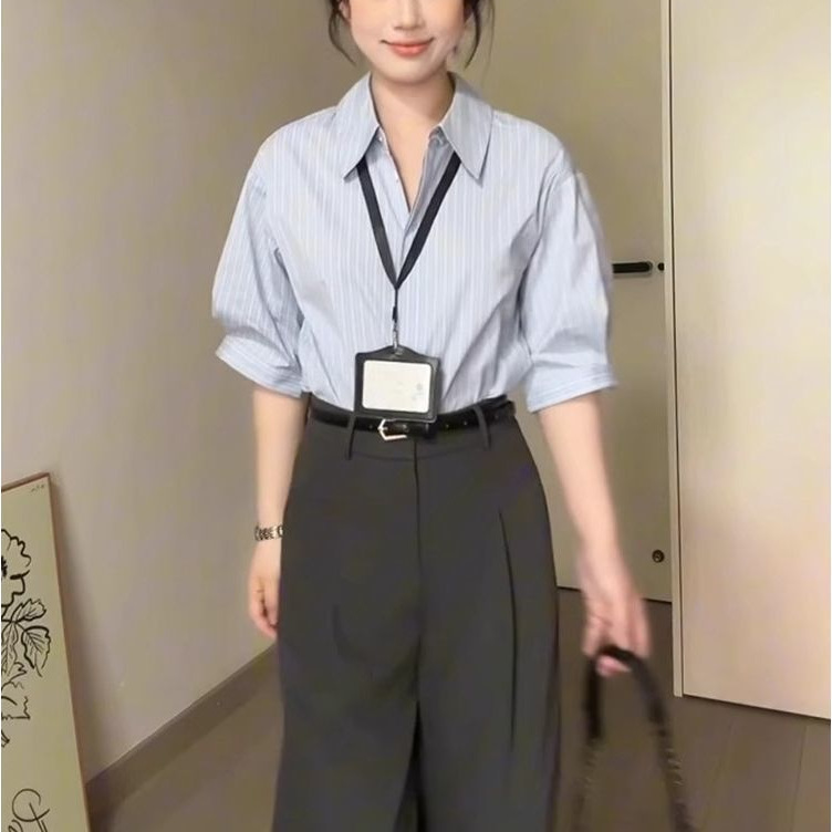 法式蓝色条纹衬衫女夏季新款简约高级感通勤职业面试气质小众套装|undefined