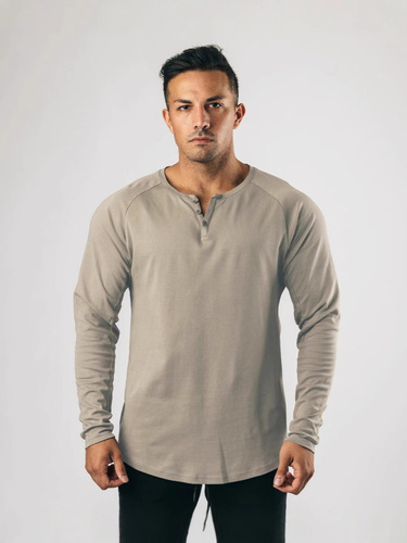 Vintage Henry Shirt Long-Sleeve T-Shirt Solid Color Men's Fitness Base Layer Top Casual Pure Cotton Elastic Thin V-Neck Open Front Men's Clothing