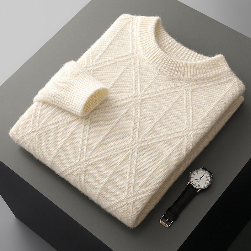 Autumn and Winter New 100% Pure Wool Sweater Men's Round Neck Thickeneded Rhombus Pullover Sweater Loose Warm Knitted Bottoming Shirt Autumn and Winter New 100% Pure Wool Sweater Men's Round Neck Thickeneded Rhombus Pullover Sweater Loose Warm Knitted Bottoming Shirt