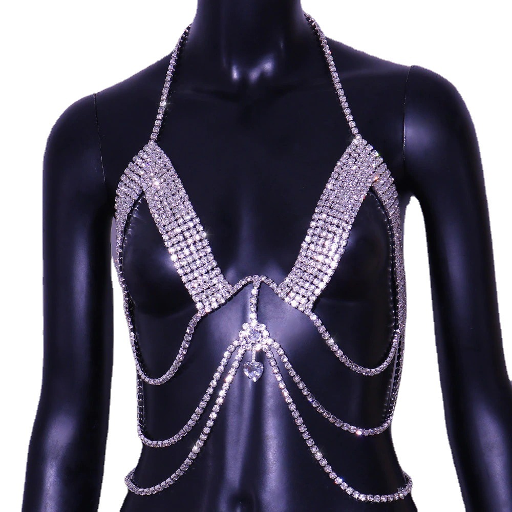 Cadena de pecho rhinestone de tendencia transfronteriza europea y americana sexy colgante brillante cadena del cuerpo del partido cadena de la joyería del pecho del todo fósforo