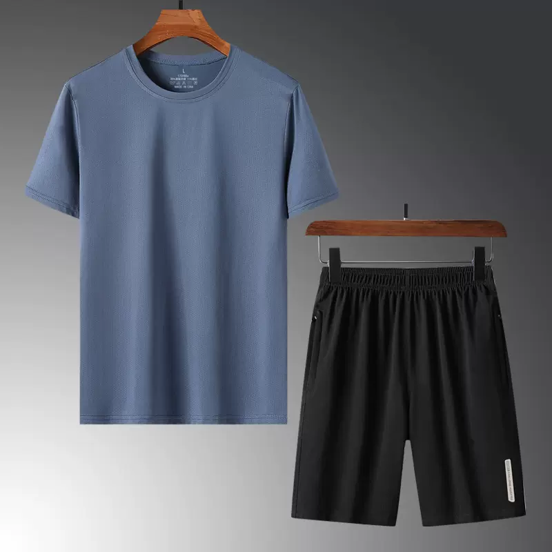男士短袖t恤冰丝速干运动套装中老年衣服爸爸短裤两件套潮流款
