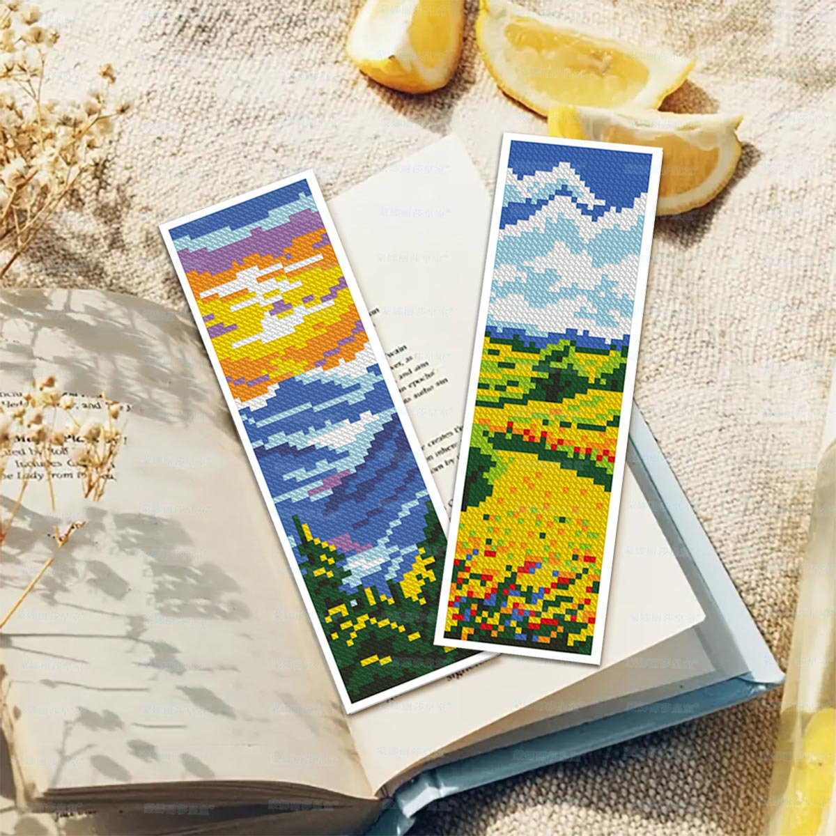 Mona Lisa Royal Cross Stitch Marcador-Four Seasons Picture Roll New Lakeside Sunset Sala de estar simple Bordado de hilo hecho a mano