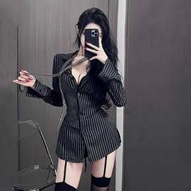 禁欲秘书情趣内衣职业条纹衬衫女长款黑色纯欲OL收腰外搭高级感女