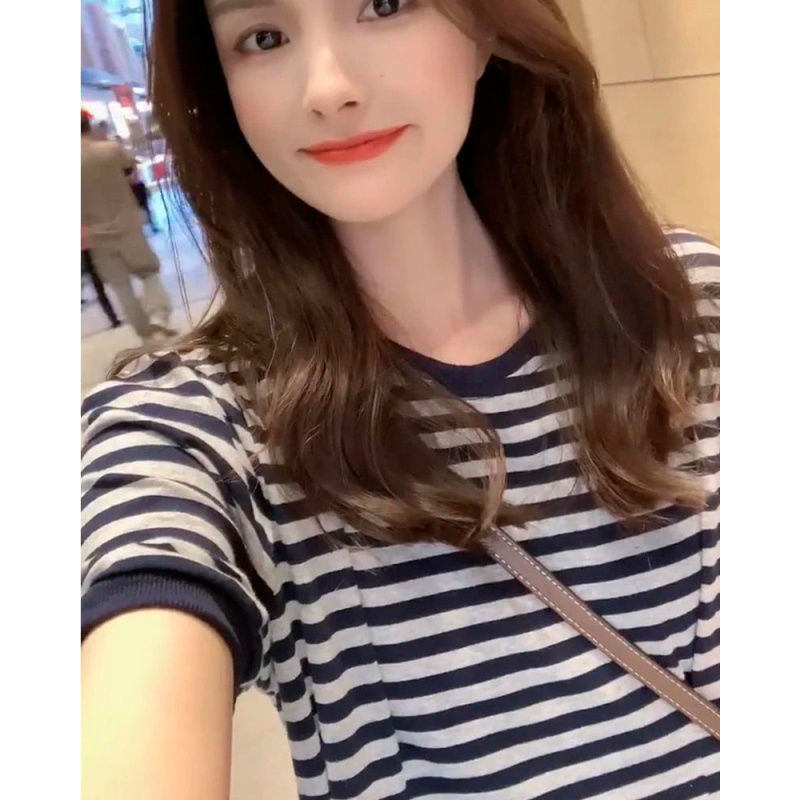 女性用ピュアコットンストライプドレス、夏カジュアル、ゆったり大きいサイズ、お腹カバー、膝上ウエスト痩身、ロングTシャツドレス|undefined