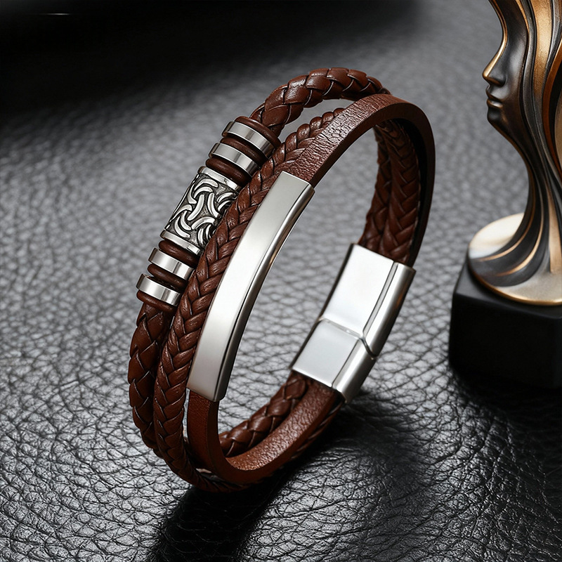 Men's Braided Leather Bracelet Waterproof And Hypoallergenic_voghion.com