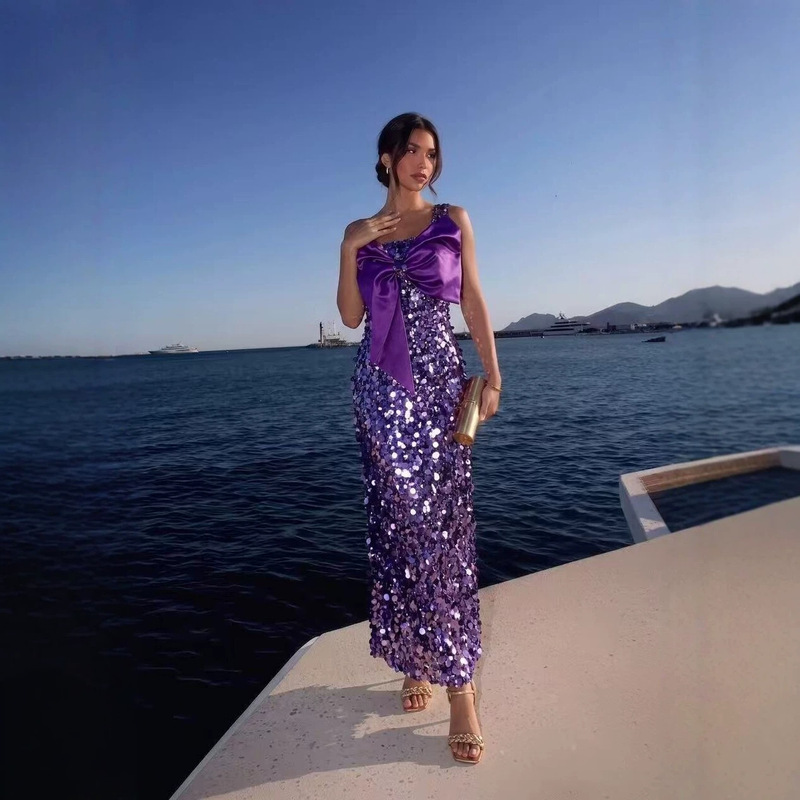 2026 New Bridal Toast Dress, Elegant Long Engagement Morning Gown, One-Shoulder Bowknot Purple Sequin Evening Dress