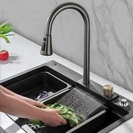 厨房水槽非雨瀑布一体不锈钢抽拉式龙头水槽套装台下洗菜盆大单槽