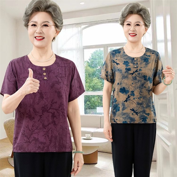Middle-Aged and Elderly Women's Summer Clothing, Loose-Fitting Plus-Size Grandma Outfit, Mom's Summer Short-Sleeve T-Shirt, Cotton Silk Top