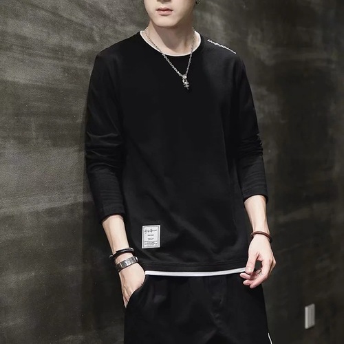Men's Spring and Autumn Long Sleeve T-shirt Pure Color Crew Neck Autumn Trend Brand Fashion Top for Layering Autumn Base Shirt