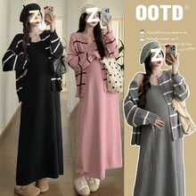 春装新款孕妇装宽松两件套连衣裙时尚针织套装针织吊带裙条纹外套