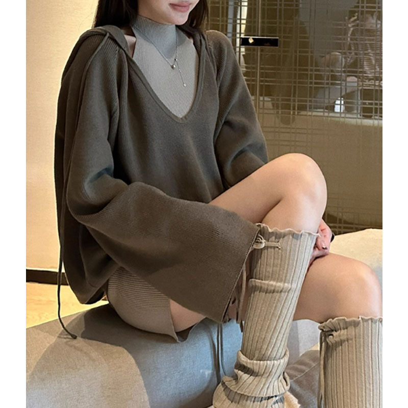 抽绳连帽深V领外搭长袖针织衫女早秋新款休闲宽松简约外套2025女|undefined