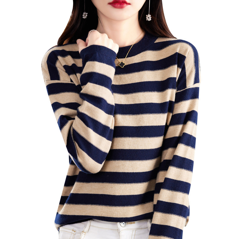 Autumn and winter striped round neck knitwear women's Andy velvet down rotator sleeve base shirt loose all-match pullover long sleeve top