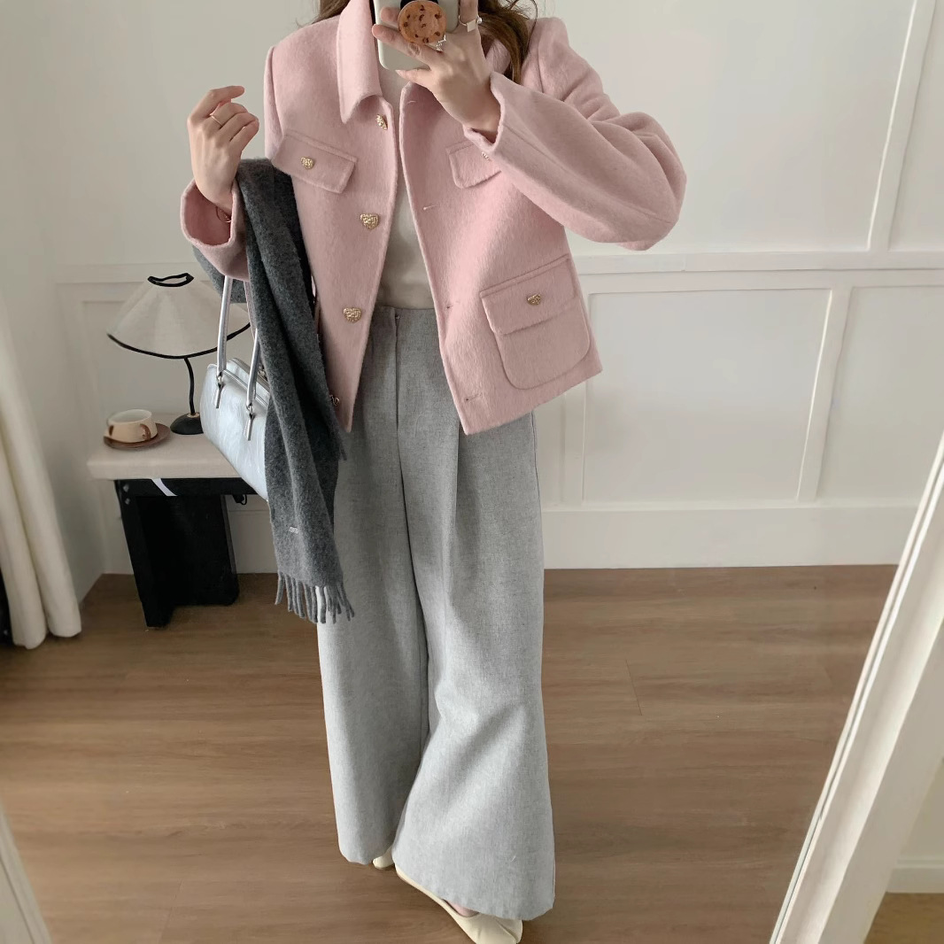 Tweed Style Pure Color Lapel High-End Autumn and Winter Short Double-Sided Wool Outwear Women's Metal Heart Button Woolen Outwear