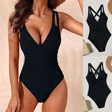 欧美女纯色打皱性感连体bikini泳衣辣妹海边度假双肩带比基尼泳装