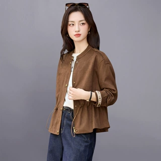 短款外套女秋2025新款韩系收腰休闲百搭复古美拉德麂皮绒夹克上衣
