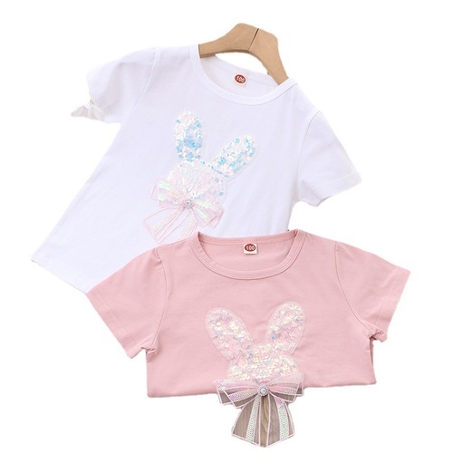 2024 children's clothing summer new style girls short-sleeved T-shirt round neck top half-sleeved bottoming shirt little girl sequined t-shirt