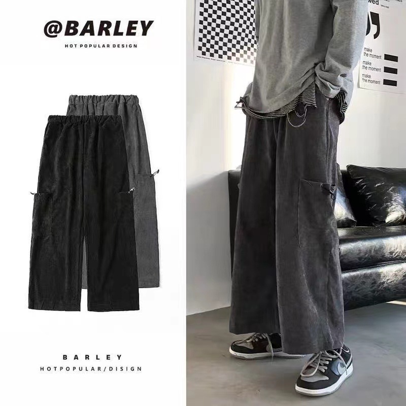 灯芯绒工装裤子男日系宽松休闲百搭阔腿裤潮流抽绳痞帅直筒长裤子