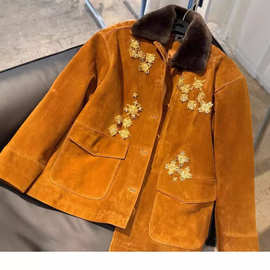 IC24秋冬新款重工钉珠镶钻外套设计师款Miu系老钱风宽松麂皮夹克