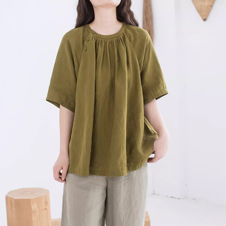2025 Summer New Style Linen Pleated Loose Retro Versatile Lightweight Age-Reducing Babydoll Short-Sleeved Shirt