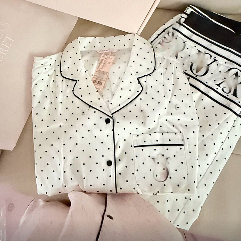 New Style Pajamas for Women, Silk-Like Long-Sleeved Long Pants, Polka Dot Home Wear Set, Simple and Comfortable, with a Turn-Down Collar, Can Be Worn Outside