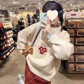 春冬2026新款复古毛巾绣小熊套头毛衣女宽松慵懒风重磅圆领针织衫
