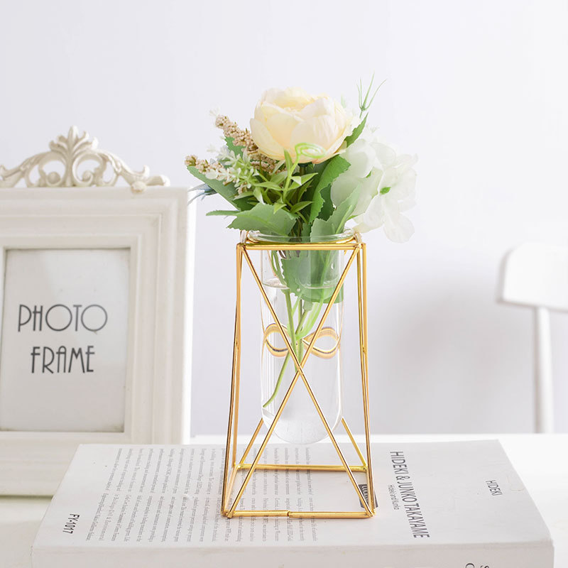 Luz de lujo oro creativo geométrico hierro florero vidrio hidropónico decoración floral Nordic ins decoración Escritorio