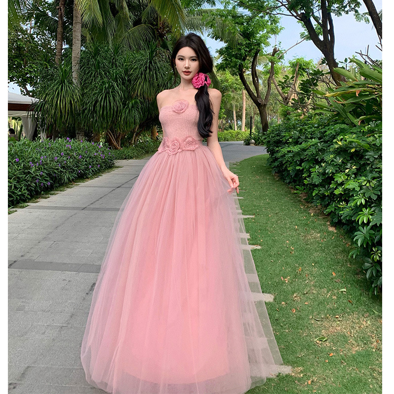 French Style Pure Desire Bridesmaid Dress Graduation Annual Meeting Evening Dress Dress Women's Elegant Strapless dress Mesh suit Women's Summer