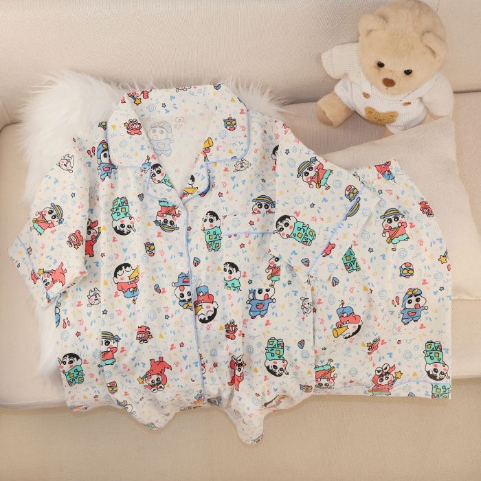 Pijamas de algodón nubes al por mayor transfronterizos de mujeres pantalones cortos de mangas cortas de verano nuevos cardigans con solapas de dibujos animados lindos cubiertas de ropa para el hogar
