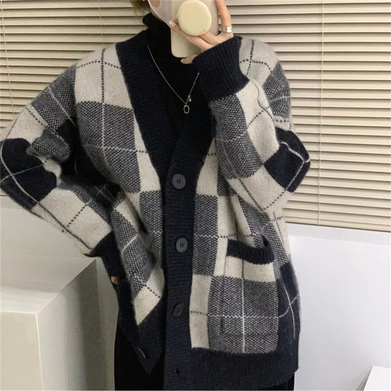 Korean Style Plaid Mohair Knitted Sweater - Dark Green