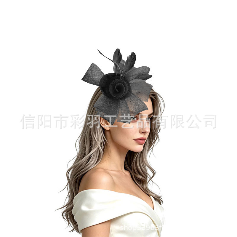 Vintage Elegant Bridal Wedding Feather Hair Accessories Women Tea Party Horse Festival Mesh Head Flower Top Hat Flower Headpiece