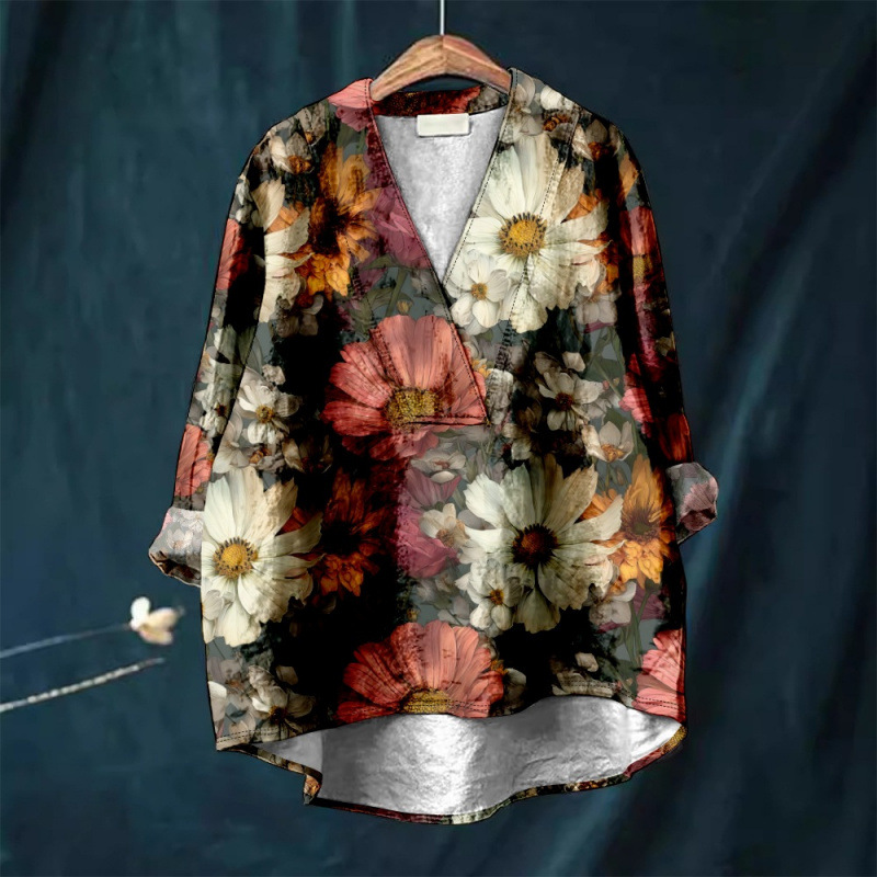Christmas Print Loose Casual Collar Plus Size Women's Shirt