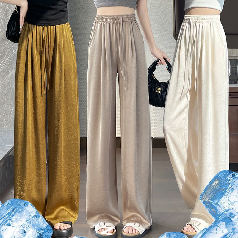 Nuevos pantalones chinos de hielo, pantalones de piernas anchas para mujeres 2025, nuevos pantalones delgados de cintura alta en relieve de estilo nacional de verano, pantalones casuales