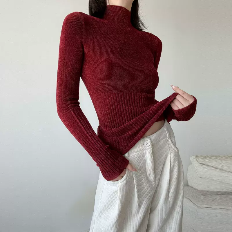 秋冬修身针织衫上衣圣诞新年复古红打底衫时尚洋气高领内搭毛衣女