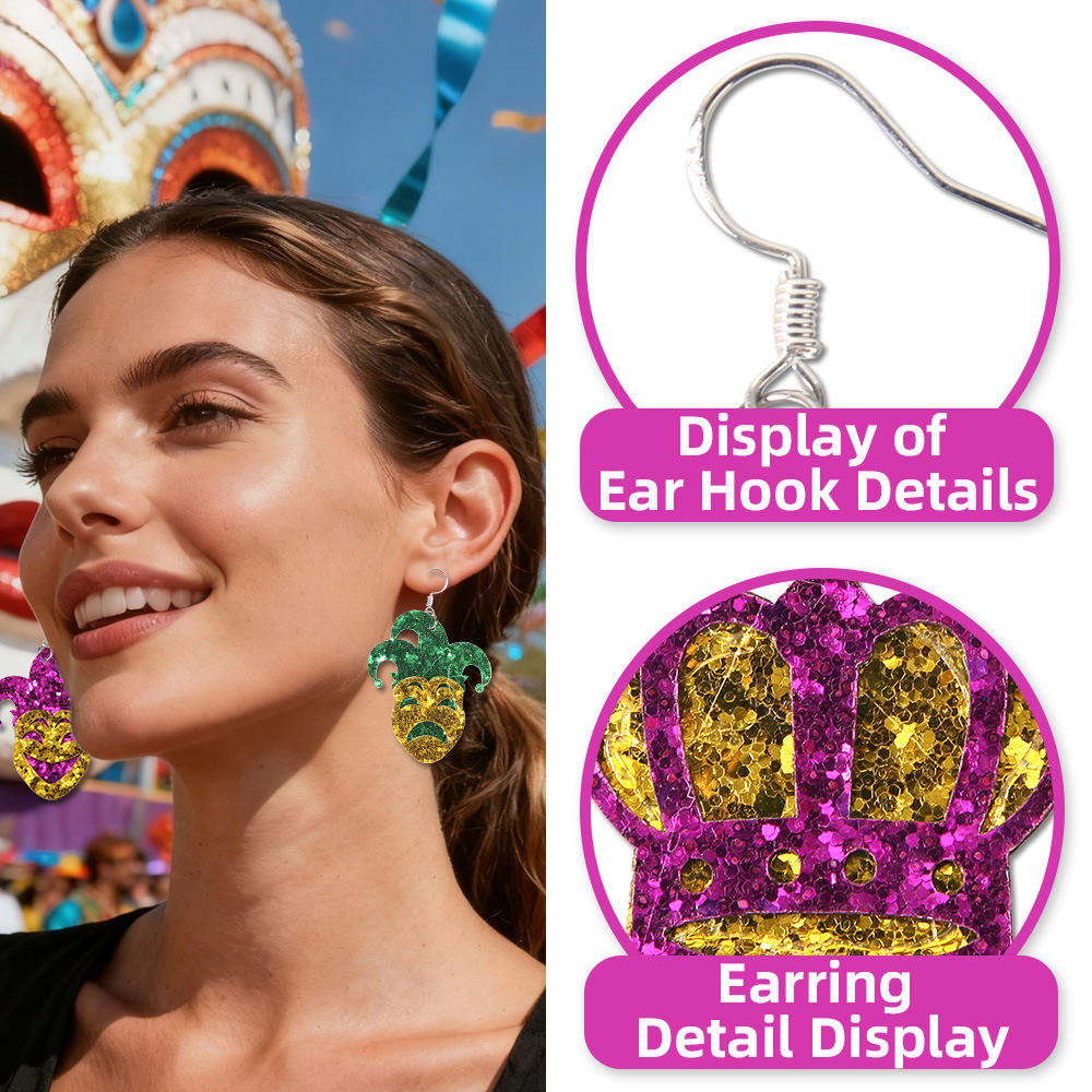 Carnaval de doble cara pendientes de sequillas máscara de oro roxo verde iris adornos de orejas pendientes de letras de Mardi Gras joyas