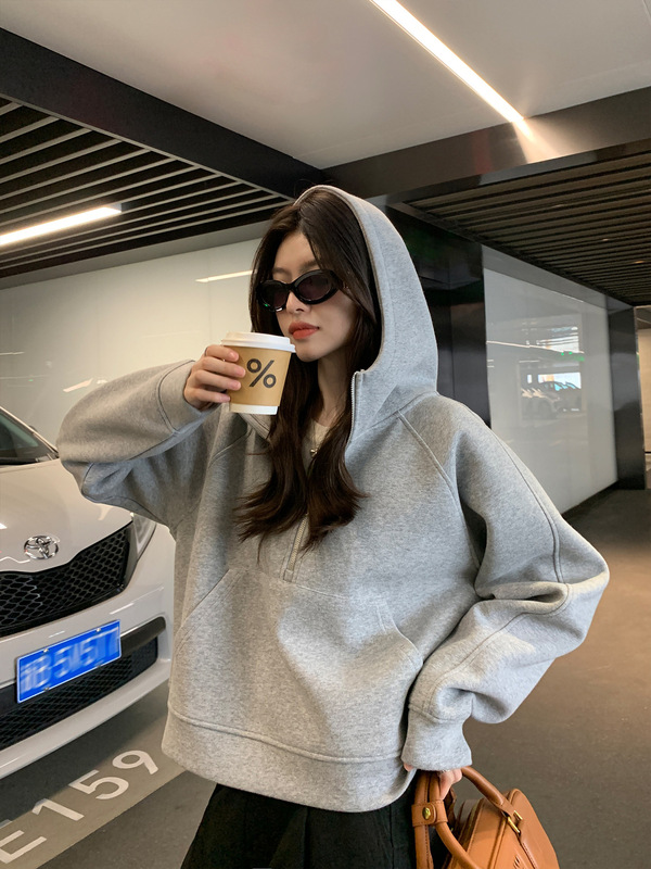 阿一 半拉链纯色短款卫衣女秋季新款宽松休闲灰色美式连帽外套|undefined