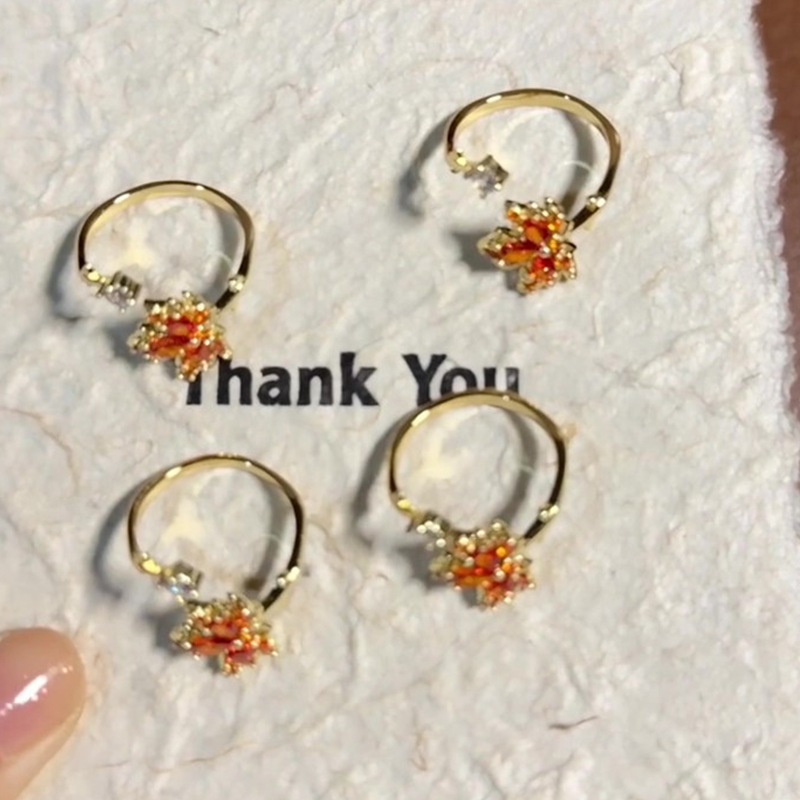 Super Nice Red Maple Leaf Ring Chinese Style Unique Design Fashionable Exquisite Stylish Golden Open Index Finger Ring
