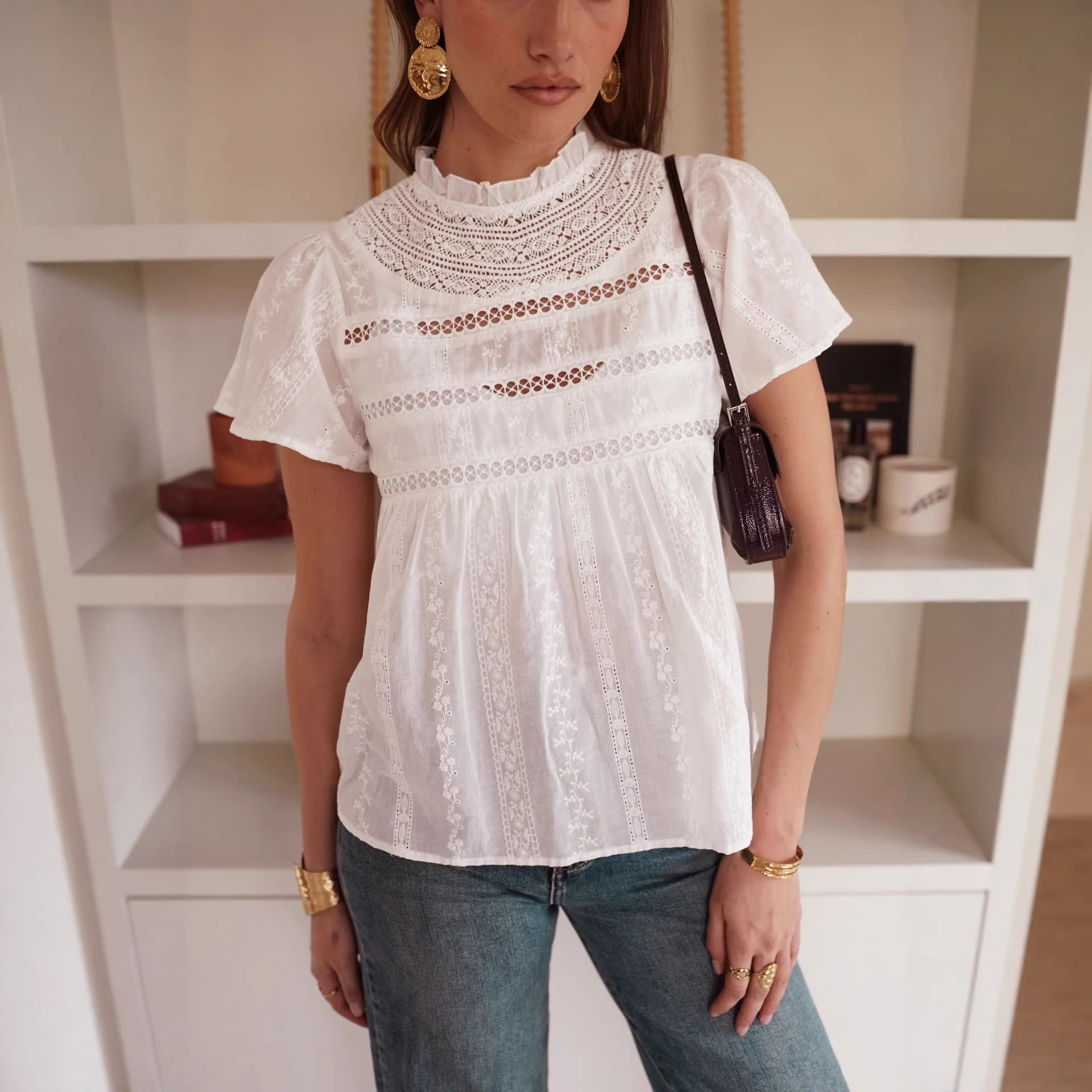 Transfronterizos Europa y América ropa de mujer de verano cuello de encaje hueco de manga corta Jacquard francés elegante camiseta de moda de cuello de encaje image 4