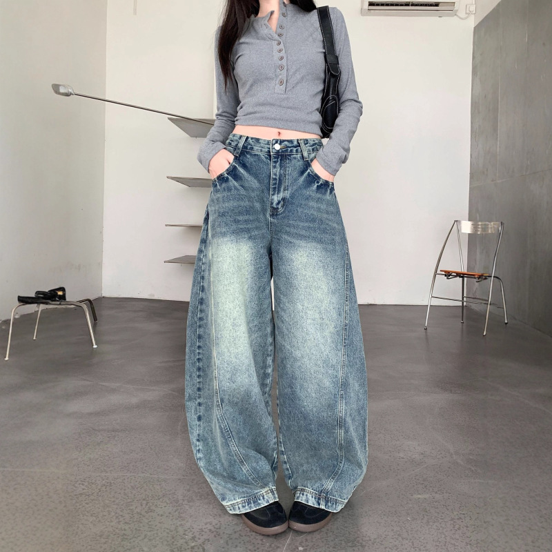 美式复古做旧蓝色牛仔裤女秋季百搭宽松阔腿裤显瘦弯刀裤拖地长裤|undefined