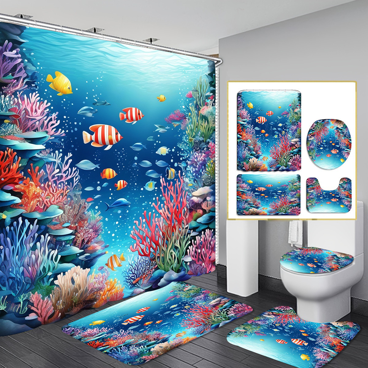Fuente de fabricantes de cortina de baño transfronteriza de Navidad cuatro piezas cortina de partición de impresión digital vestido de baño