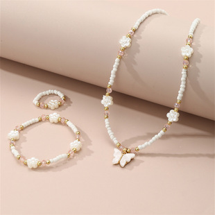 Cross-border new jewelry niche design rice beads small flower handmade beaded butterfly pendant children's necklace bracelet suit
