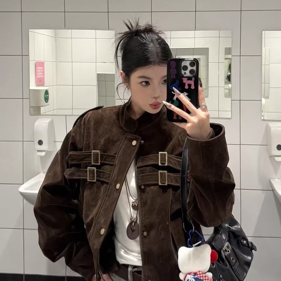 Women's short suede jacket, spring and autumn 2026 new Korean style, high-end feel, loose fit, suitable for petite individuals, outerwear